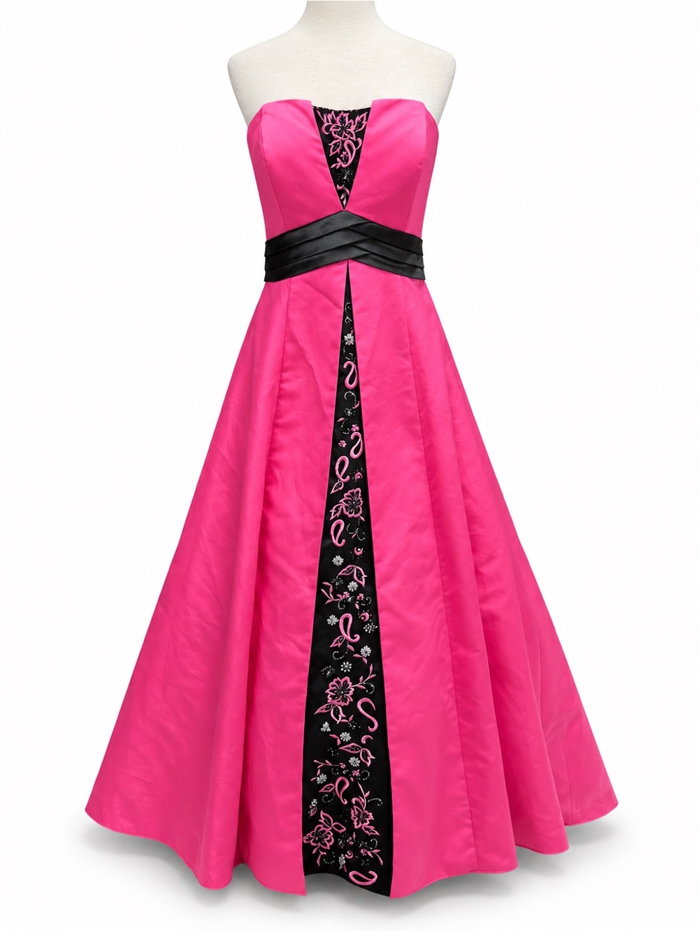 Strapless Hot Pink Prom Gown with Black Embroidered Inset